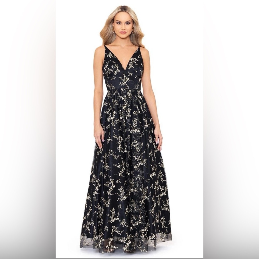 Blondie Nites Black and Gold Floral Maxi Dress
